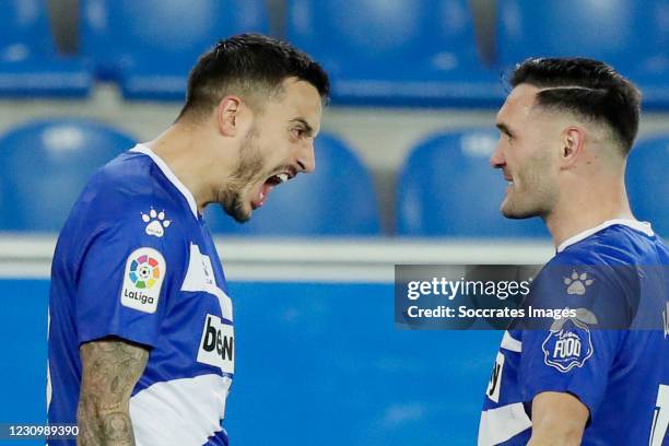 Joselu of Deportivo Alaves Celebrates 1-0 with Lucas Perez of Deportivo Alaves during the La Liga Santander match between Deportivo Alaves v Real...