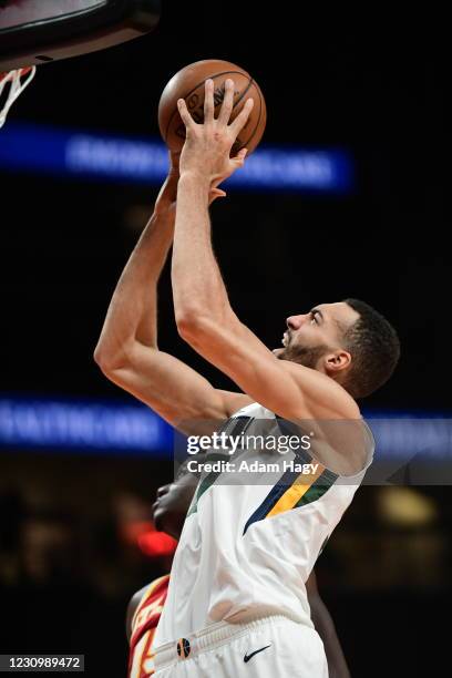 Rudy Gobert of the Utah Jazz drives to the basket against the Atlanta Hawks on February 4, 2021 at State Farm Arena in Atlanta, Georgia. NOTE TO...