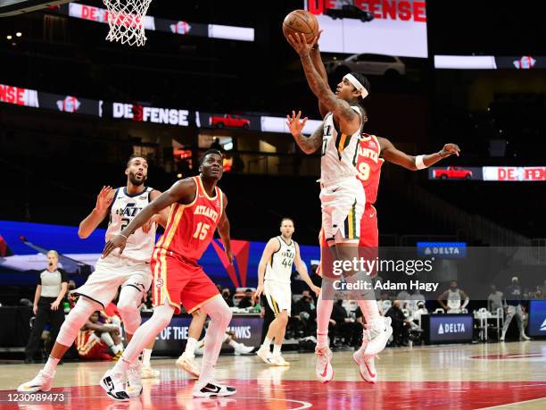 Jordan Clarkson of the Utah Jazz shoots the ball against the Atlanta Hawks on February 4, 2021 at State Farm Arena in Atlanta, Georgia. NOTE TO USER:...