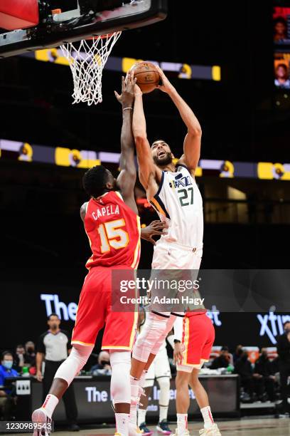 Rudy Gobert of the Utah Jazz drives to the basket against the Atlanta Hawks on February 4, 2021 at State Farm Arena in Atlanta, Georgia. NOTE TO...