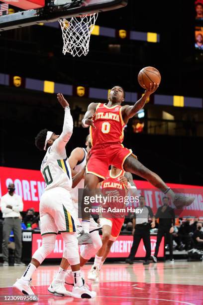 Brandon Goodwin of the Atlanta Hawks drives to the basket against the Utah Jazz on February 4, 2021 at State Farm Arena in Atlanta, Georgia. NOTE TO...