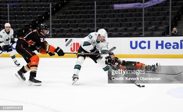 Matt Nieto of the San Jose Sharks scores against David Backes of the Anaheim Ducks during the first period of the game at Honda Center on February 5,...