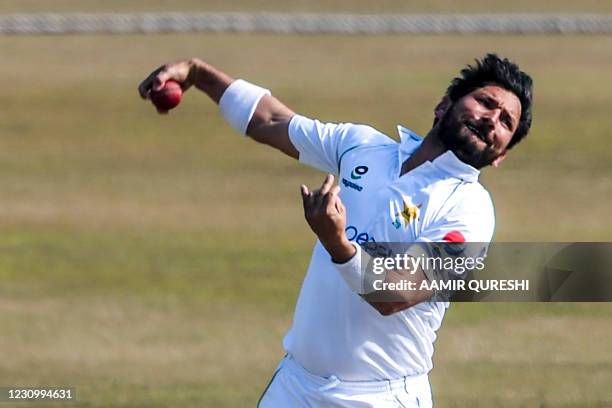 Pakistan's Yasir Shah delivers a ball during the third day of the second Test cricket match between Pakistan and South Africa at the Rawalpindi...