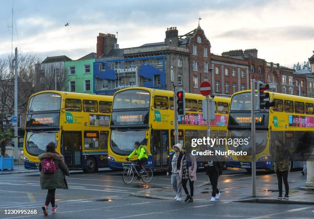 Dublin public buses seen on O'Connell Brdge during Level 5 Covid-19 lockdown. On Friday, February 5 in Dublin, Ireland.