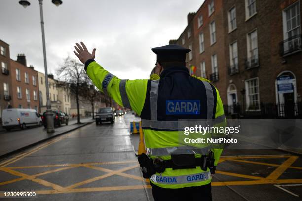 Garda Siochana checkpoint in Baggot Street Lower, Dublin, during Level 5 Covid-19 lockdown. On Friday, February 5 in Dublin, Ireland.