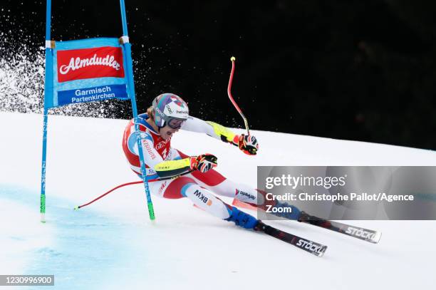 Marco Odermatt of Switzerland in action during the Audi FIS Alpine Ski World Cup Men's Super Giant Slalom on February 6, 2021 in Garmisch...