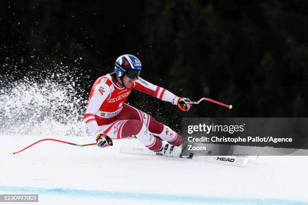 Matthias Mayer of Austria in action during the Audi FIS Alpine Ski World Cup Men's Super Giant Slalom on February 6, 2021 in Garmisch Partenkirchen,...