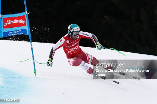 Vincent Kriechmayr of Austria in action during the Audi FIS Alpine Ski World Cup Men's Super Giant Slalom on February 6, 2021 in Garmisch...