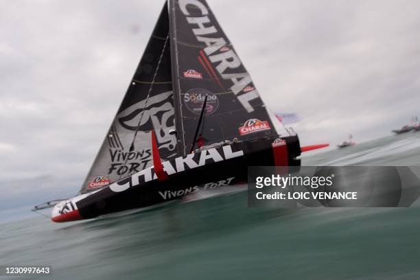 French skipper Jeremie Beyou sails his Imoca 60 monohull "Charal" few nautical miles before crossing the finish line placed 13th, of the Vendee Globe...