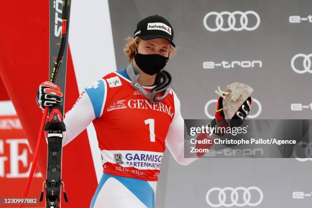 Marco Odermatt of Switzerland takes 3rd place during the Audi FIS Alpine Ski World Cup Men's Super Giant Slalom on February 6, 2021 in Garmisch...