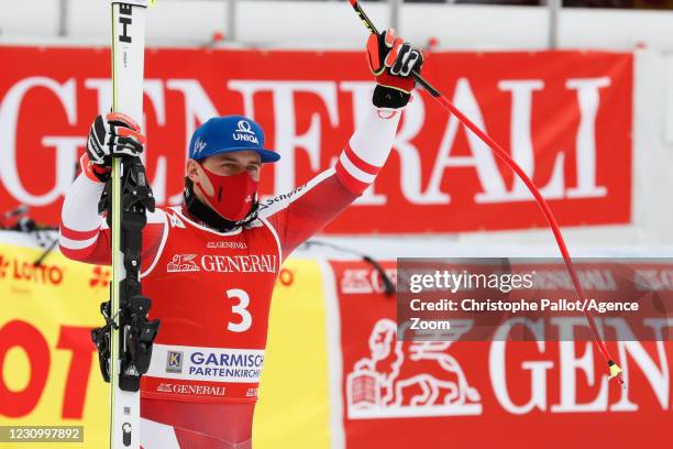 Matthias Mayer of Austria takes 2nd place during the Audi FIS Alpine Ski World Cup Men's Super Giant Slalom on February 6, 2021 in Garmisch...