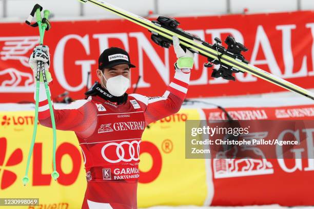 Vincent Kriechmayr of Austria takes 1st place during the Audi FIS Alpine Ski World Cup Men's Super Giant Slalom on February 6, 2021 in Garmisch...