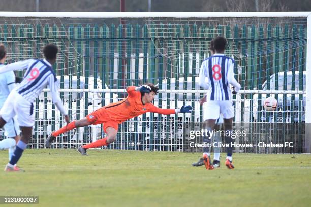 Goalkeeper Sami Tiemcani of Chelsea makes a save during the West Bromwich Albion v Chelsea U18 Premier League match on February 6, 2021 in...