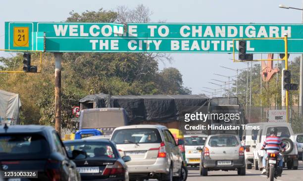 Traffic jam due to a Chakka Jam called by farmers' unions against the new farm laws, at the Zirakpur entry, on February 6, 2021 in Chandigarh, India....