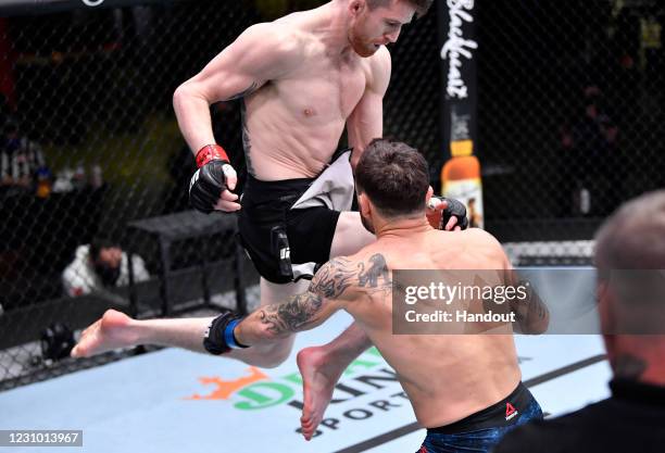 In this handout image provided by UFC, Cory Sandhagen lands a flying knee to knock out Frankie Edgar in their bantamweight fight during the UFC Fight...