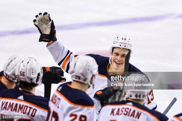 Edmonton Oilers Right Wing Jesse Puljujarvi celebrates a goal against the Calgary Flames during the third period of an NHL game where the Calgary...