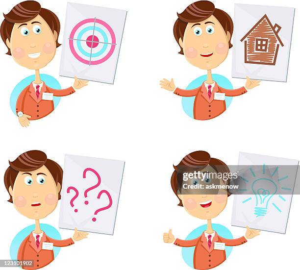man demonstrating information notes - curious expression stock illustrations