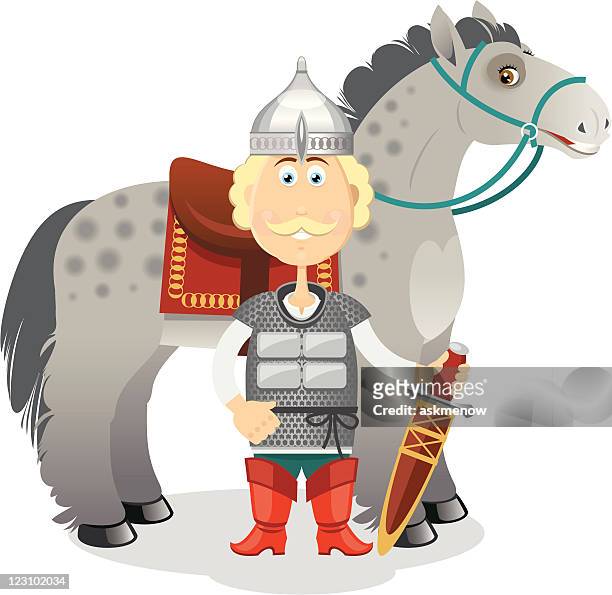 russian medieval heroic warrior with his horse - medieval shoes stock illustrations