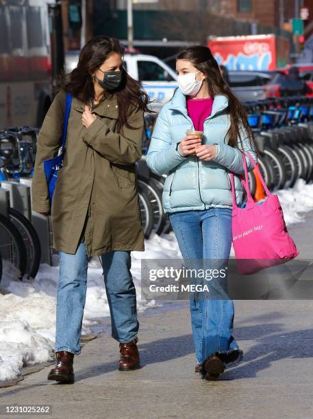 Katie Holmes and Suri Cruise out for a walk on February 6, 2021 in New York City, New York.