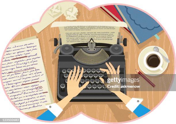 illustration of a woman's hands typing - book author stock illustrations
