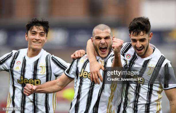 Andrea Brighenti of Juventus U23 celebrates his first goal with teammates Giuseppe Leone of Juventus U23 and Alejandro Marques of Juventus U23 during...