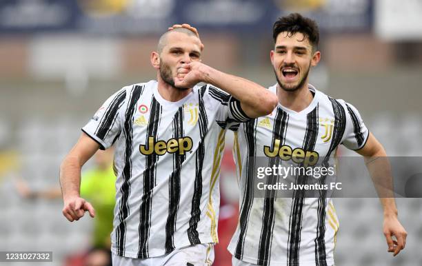 Andrea Brighenti of Juventus U23 celebrates his first goal with teammate Alejandro Marques of Juventus U23 during the Serie C match between Juventus...