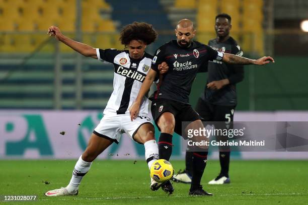Joshua Zirkzee of Parma Calcio battles for the ball with Danilo of Bologna FC during the Serie A match between Parma Calcio and Bologna FC at Stadio...