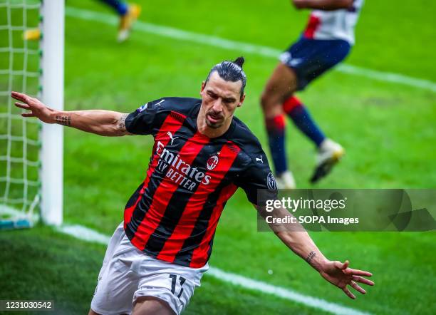 Zlatan Ibrahimovic of AC Milan celebrates after scoring a goal during the Serie A 2020/21 football match between AC Milan and FC Crotone at the San...