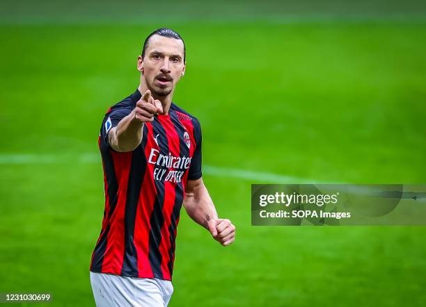 Zlatan Ibrahimovic of AC Milan celebrates after scoring a goal during the Serie A 2020/21 football match between AC Milan and FC Crotone at the San...