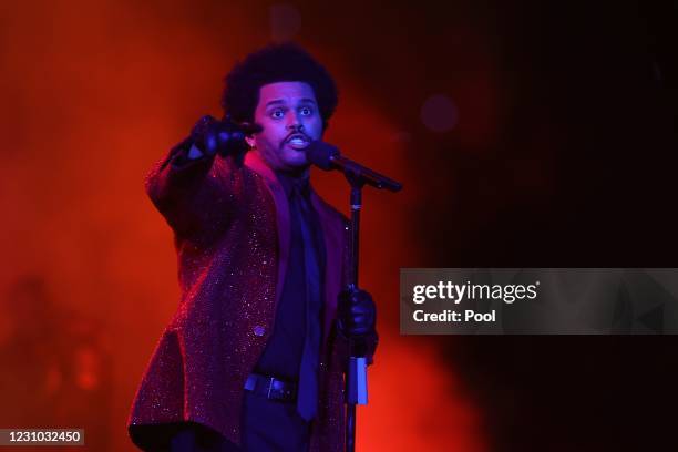 The Weeknd performs during the Pepsi Super Bowl LV Halftime Show at Raymond James Stadium on February 07, 2021 in Tampa, Florida.