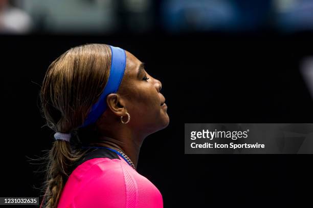 Serena Williams of the United States of America looks up to the crowd with her eyes shut after a period of play during round 1 of the 2021 Australian...