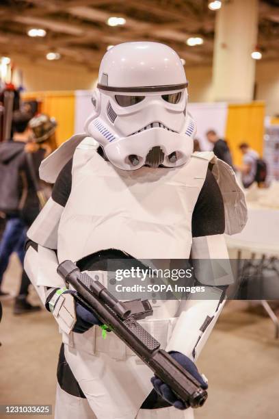 Man wearing a Stormtrooper costume from Star Wars movie seen during the event. Toronto Comicon is an annual comic book and pop culture convention...