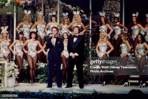 Don Adams, Hugh Hefner, Playboy Bunnies appearing on the ABC tv series 'Wide World Special', episode 'The Playboy Bunny of the Year Pageant'.