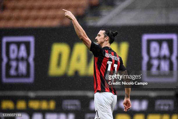 Zlatan Ibrahimovic of AC Milan celebrates after scoring a goal during the Serie A football match between AC Milan and FC Crotone. AC Milan won 4-0...