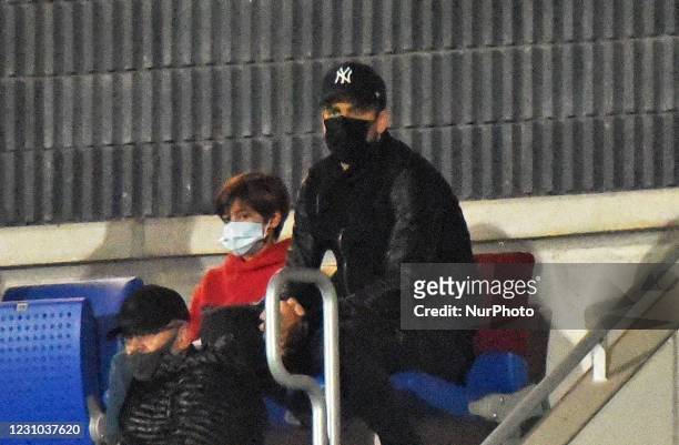 Gerard Pique, owner of FC Andorra, with his son Milan, during the match between FC Barcelona B and FC Andorra, club trained by Eder Sarabia, who was...