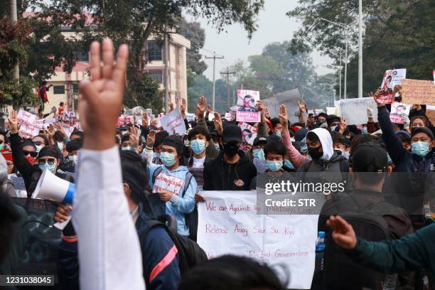 Protesters take part in a demonstration against the military coup in Myitkyina in Myanmar's Kachin state on February 8, 2021.