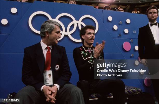 Calgary, Alberta, Canada Kurt Browning, David Santee, coach at the Men's Free skating event at the 1988 Winter Olympics / XIV Olympic Winter Games,...