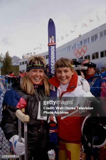 Calgary, Alberta, Canada Pam Fletcher, Karen Percy at the Women's downhill event at the 1988 Winter Olympics / XIV Olympic Winter Games, Nakiska,...