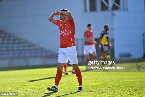 Florian MIGUEL of Nimes looks dejected after defeat during the Ligue 1 soccer match between Nimes Olympique and AS Monaco at Costieres stadium on...