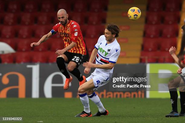 Pasquale Schiattarella and Albin Ekdal in action during the Serie A match between Benevento Calcio and UC Sampdoria at Stadio Comunale Ciro Vigorito....