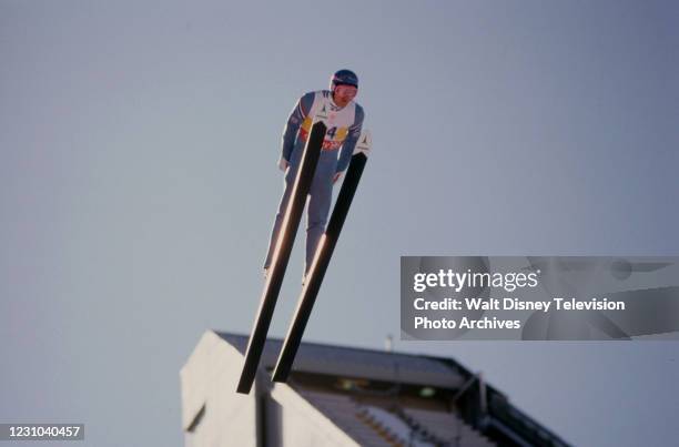 Calgary, Alberta, Canada Michael "Eddie the Eagle" Edwards competing in the Men's large hill individual ski jump event at the 1988 Winter Olympics /...