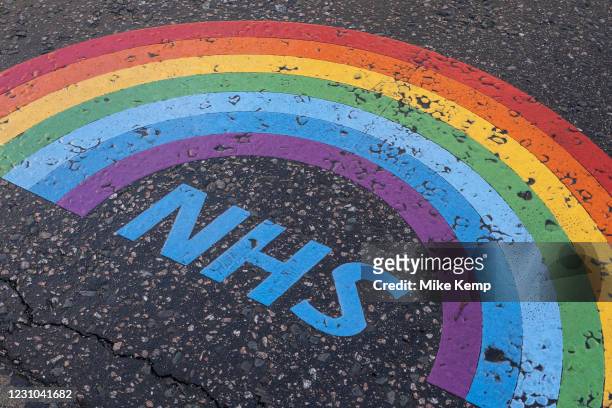 As the national coronavirus lockdown three continues an NHS rainbow thank you message for all the staff at the Royal London Hospital in Whitechapel,...