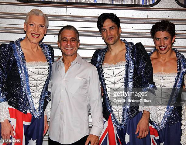 Tony Sheldon, Tony Danza, Will Swenson and Nick Adams pose backstage at the hit musical "Priscilla Queen of The Desert" on Broadway at The Palace...