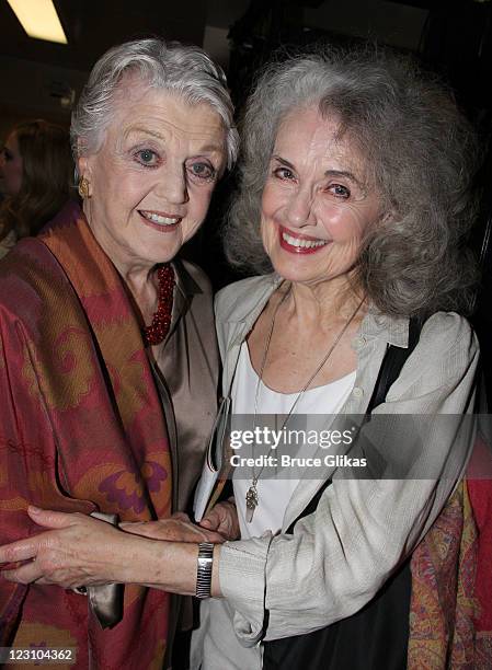 Angela Lansbury and Mary Beth Peil pose backstage at the hit musical "Follies" on Broadway at The Marquis Theateron August 30, 2011 in New York City.