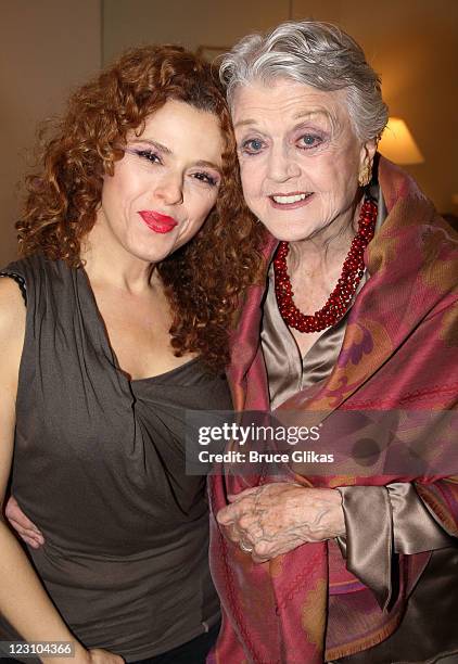 Bernadette Peters and Angela Lansbury pose backstage at the hit musical "Follies" on Broadway at The Marquis Theateron August 30, 2011 in New York...