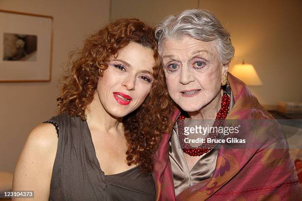 Bernadette Peters and Angela Lansbury pose backstage at the hit musical "Follies" on Broadway at The Marquis Theateron August 30, 2011 in New York...