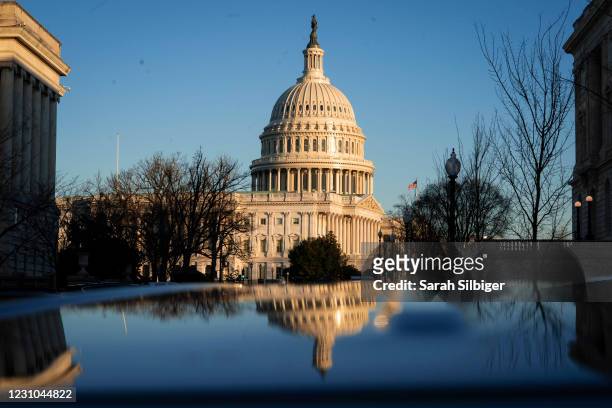 The exterior of the U.S. Capitol building is seen at sunrise on February 8, 2021 in Washington, DC. The Senate is scheduled to begin the second...