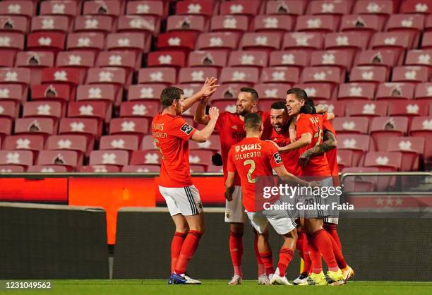 Nicolas Otamendi of SL Benfica celebrates with teammates after scoring a goal during the Liga NOS match between SL Benfica and FC Famalicao at...