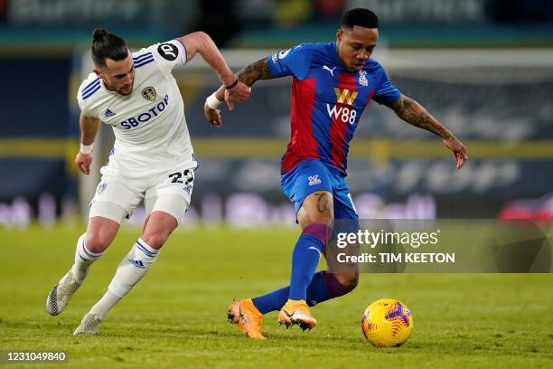 Leeds United's English midfielder Jack Harrison vies with Crystal Palace's English defender Nathaniel Clyne during the English Premier League...