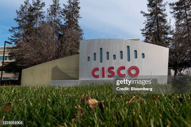 Signage outside of Cisco Systems headquarters in San Jose, California, U.S., on Monday, Feb. 8, 2021. Cisco Systems Inc. Is scheduled to release...